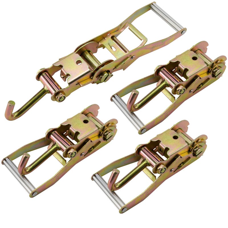 BOKE YOUNG 2-inch Ratchet Tie Down Buckle with J-Hook Tie Down Used for Car Trailer Flatbed Truck Fastening Cargo (4 Pack) - Image 1